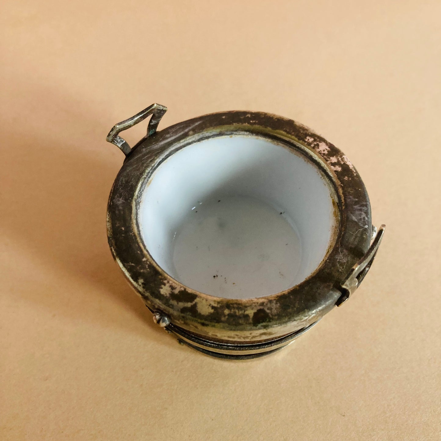 Antique Miniature Oak and Silver Bucket Salt Cellar
