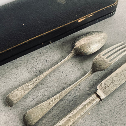 Antique Infant Spoon and Fork Cutlery Set | Silver Christening Set 1880