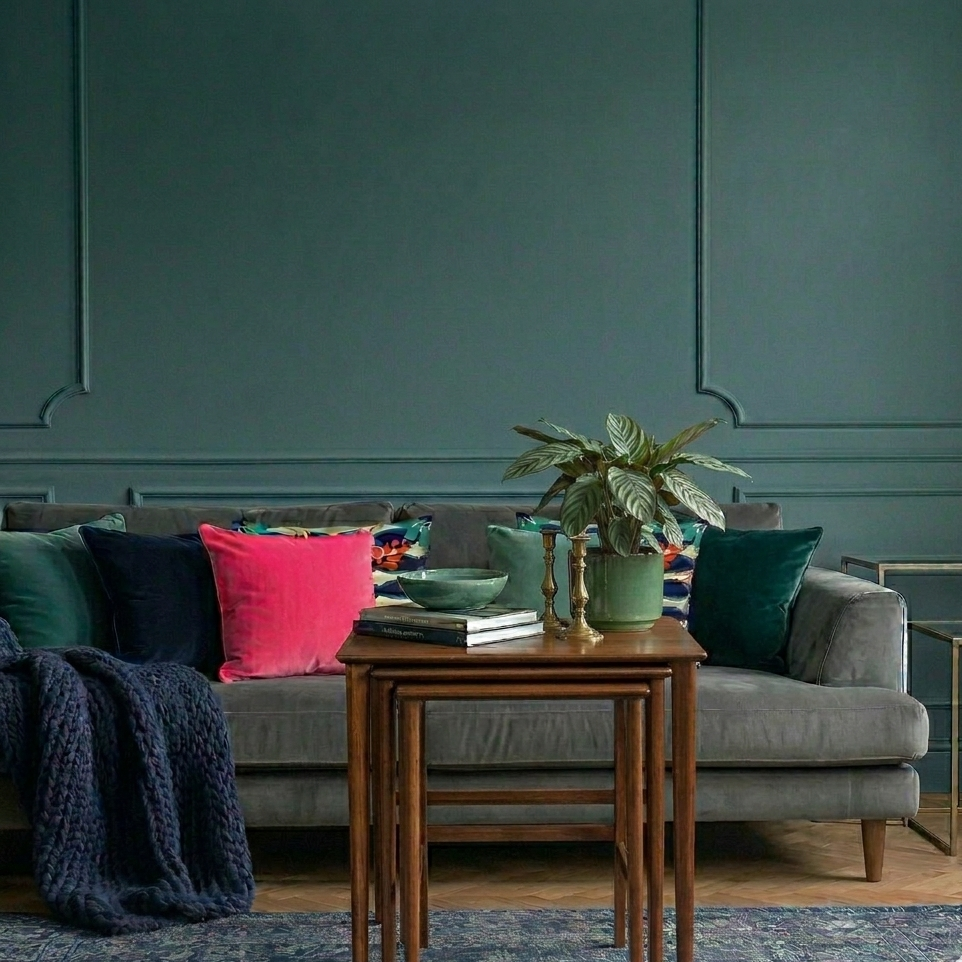 Living room with a gray sofa, colorful pillows, and wooden tables against a teal wall.
