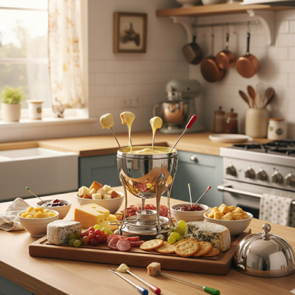 Dessert fondue setup on a kitchen counter with various foods and utensils.