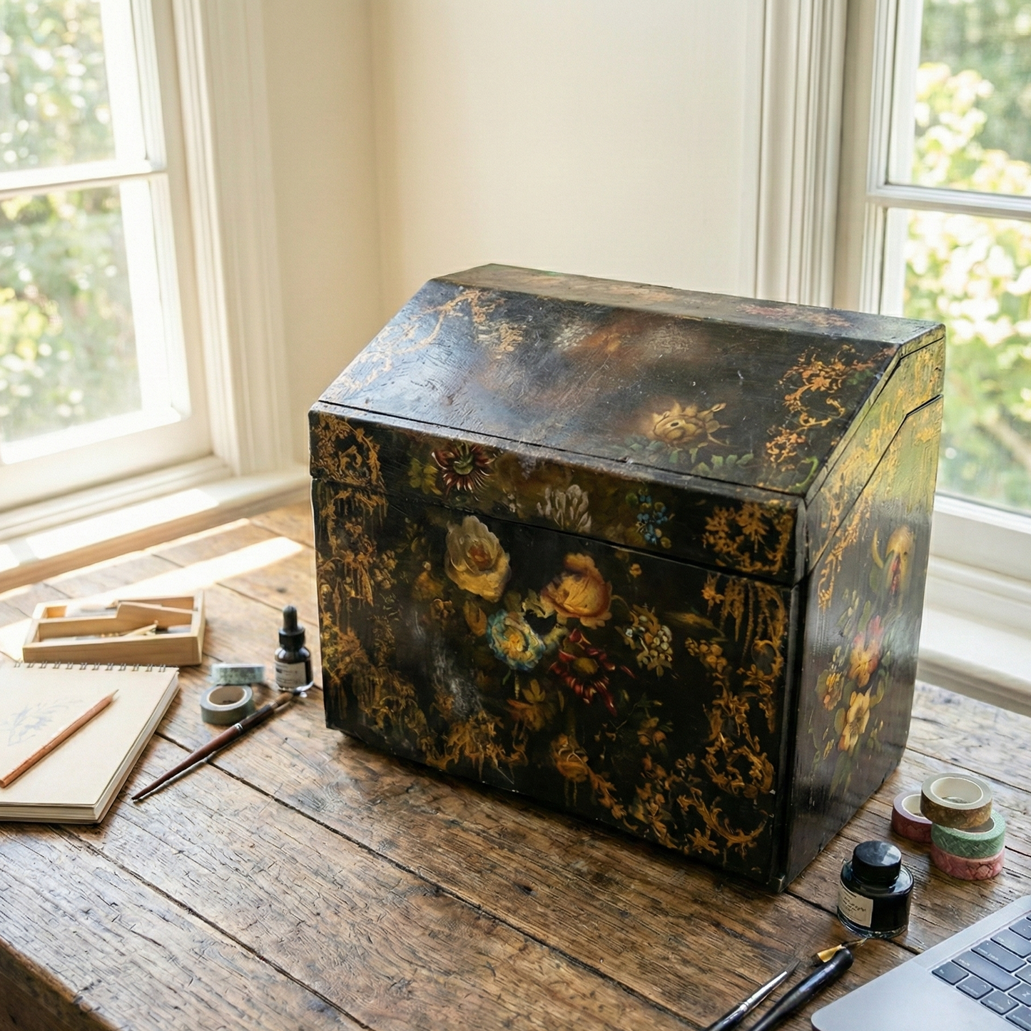 Decorative wooden box with floral patterns on a wooden desk near windows.