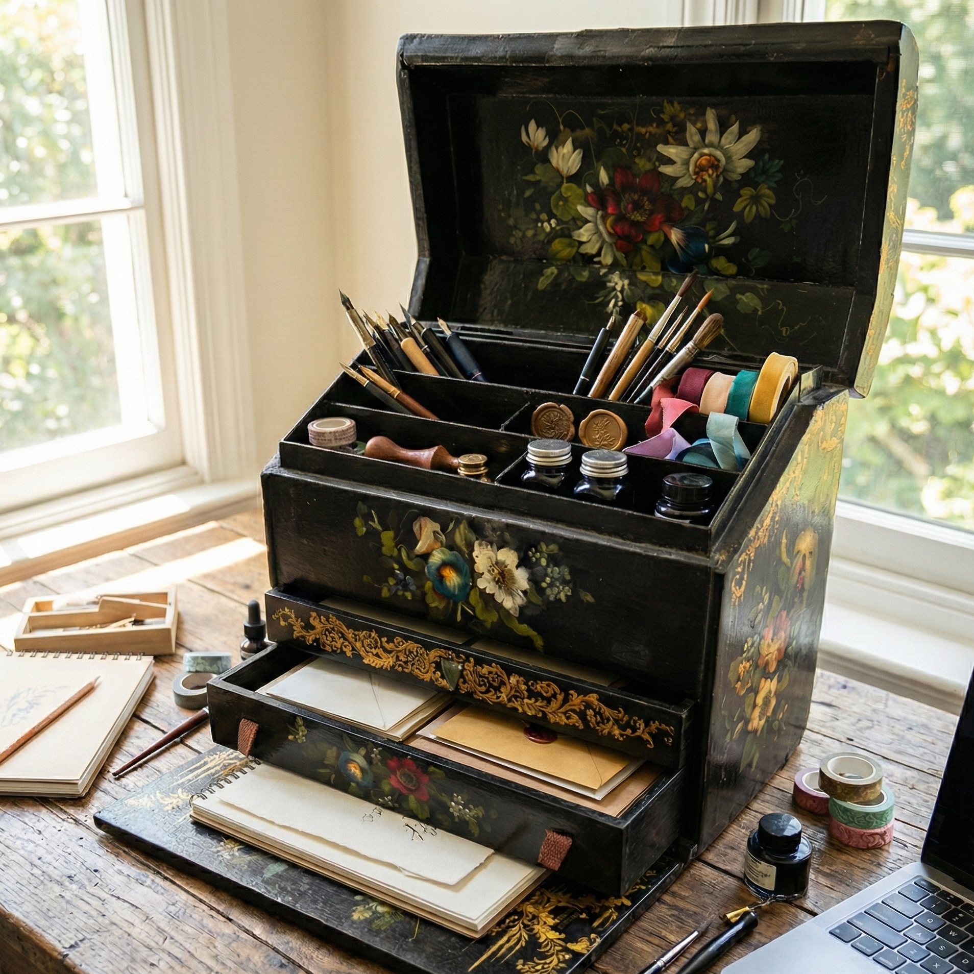 Decorative desk organizer with stationery items on a wooden desk