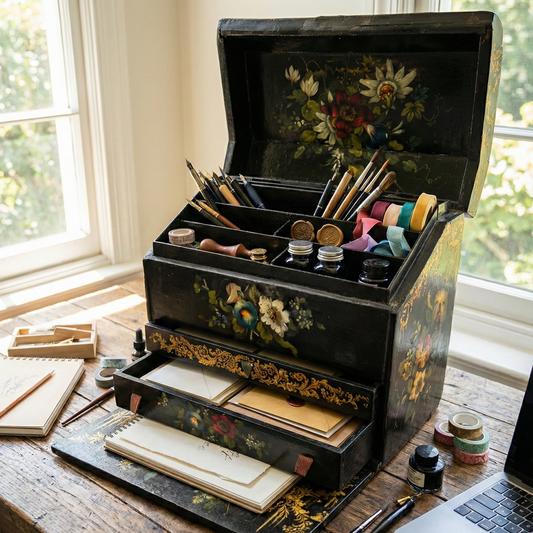 Decorative desk organizer with stationery items on a wooden desk