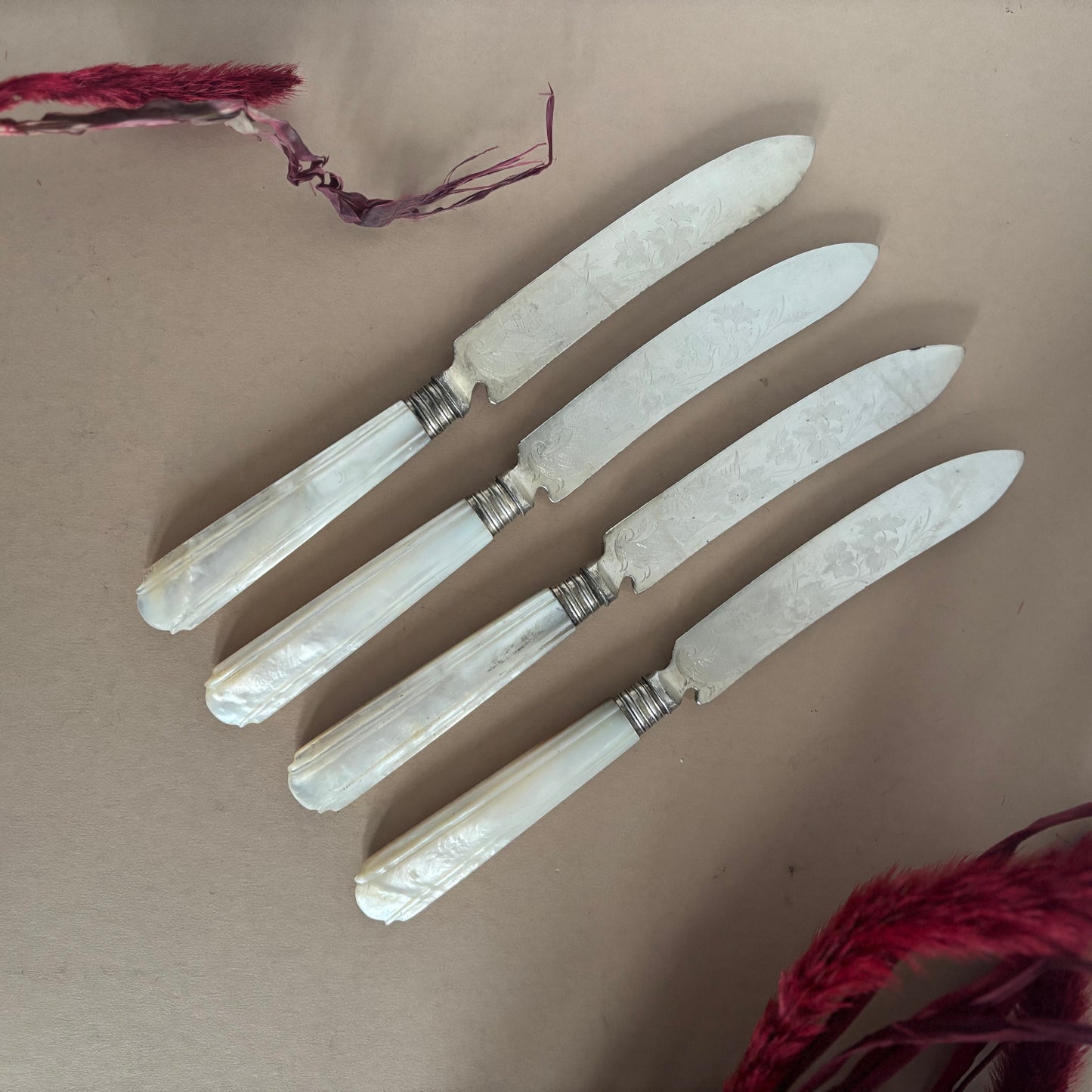Antique Silver & Mother Of Pearl Knives With Engraved Blades