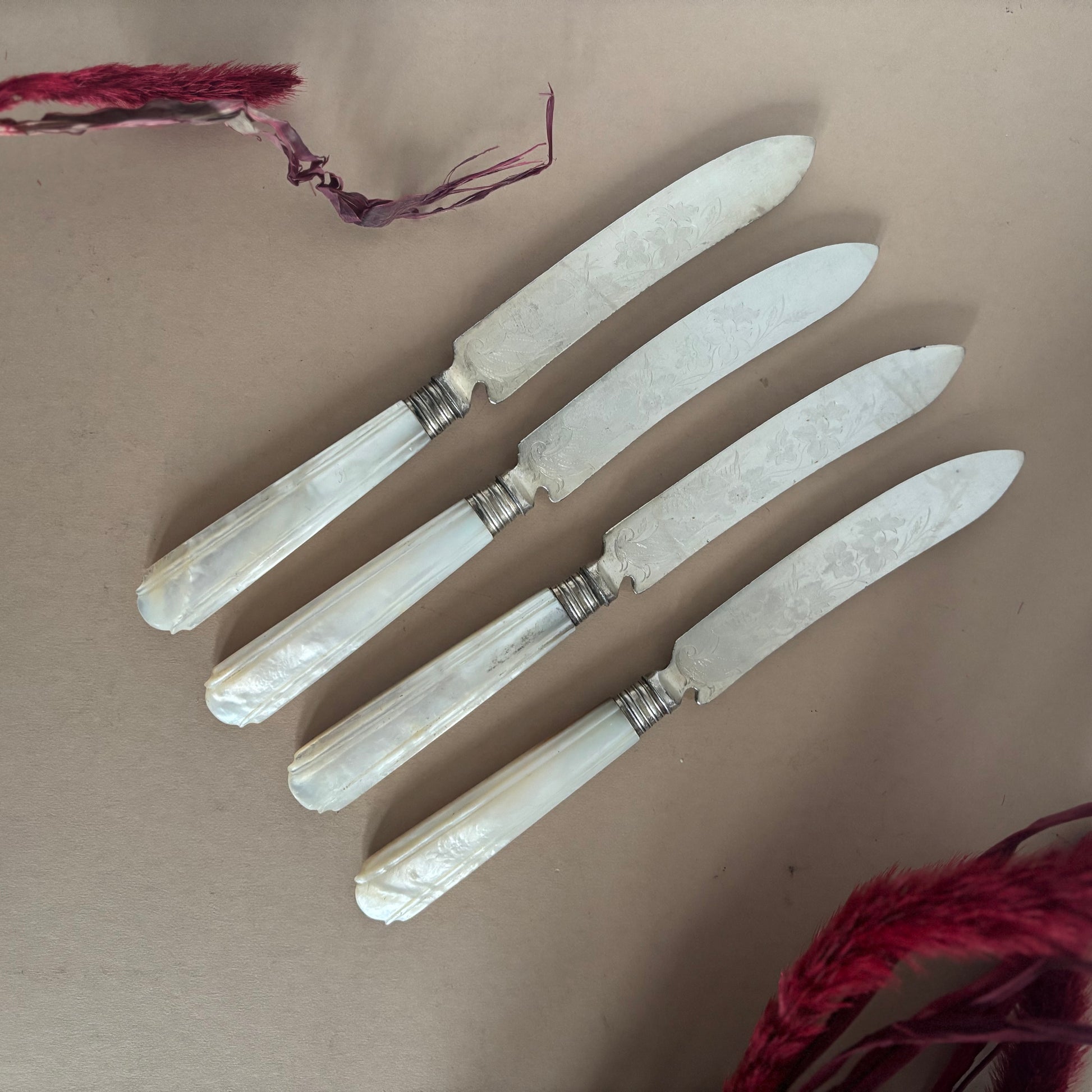 Antique Silver & Mother Of Pearl Knives With Engraved Blades