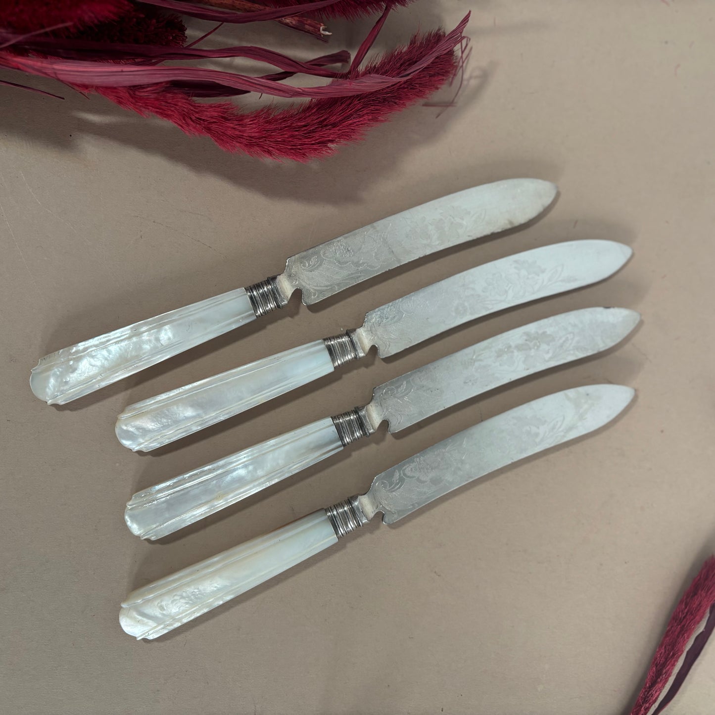 Antique Silver & Mother Of Pearl Knives With Engraved Blades