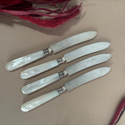 Antique Silver & Mother Of Pearl Knives With Engraved Blades