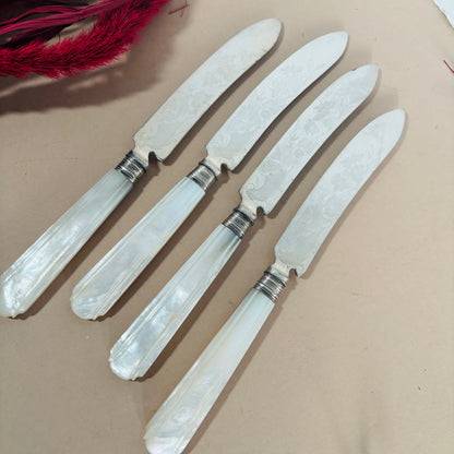 Antique Silver & Mother Of Pearl Knives With Engraved Blades