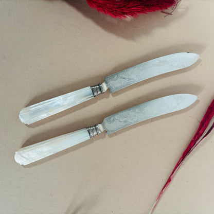 Antique Silver & Mother Of Pearl Knives With Engraved Blades