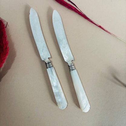 Antique Silver & Mother Of Pearl Knives With Engraved Blades