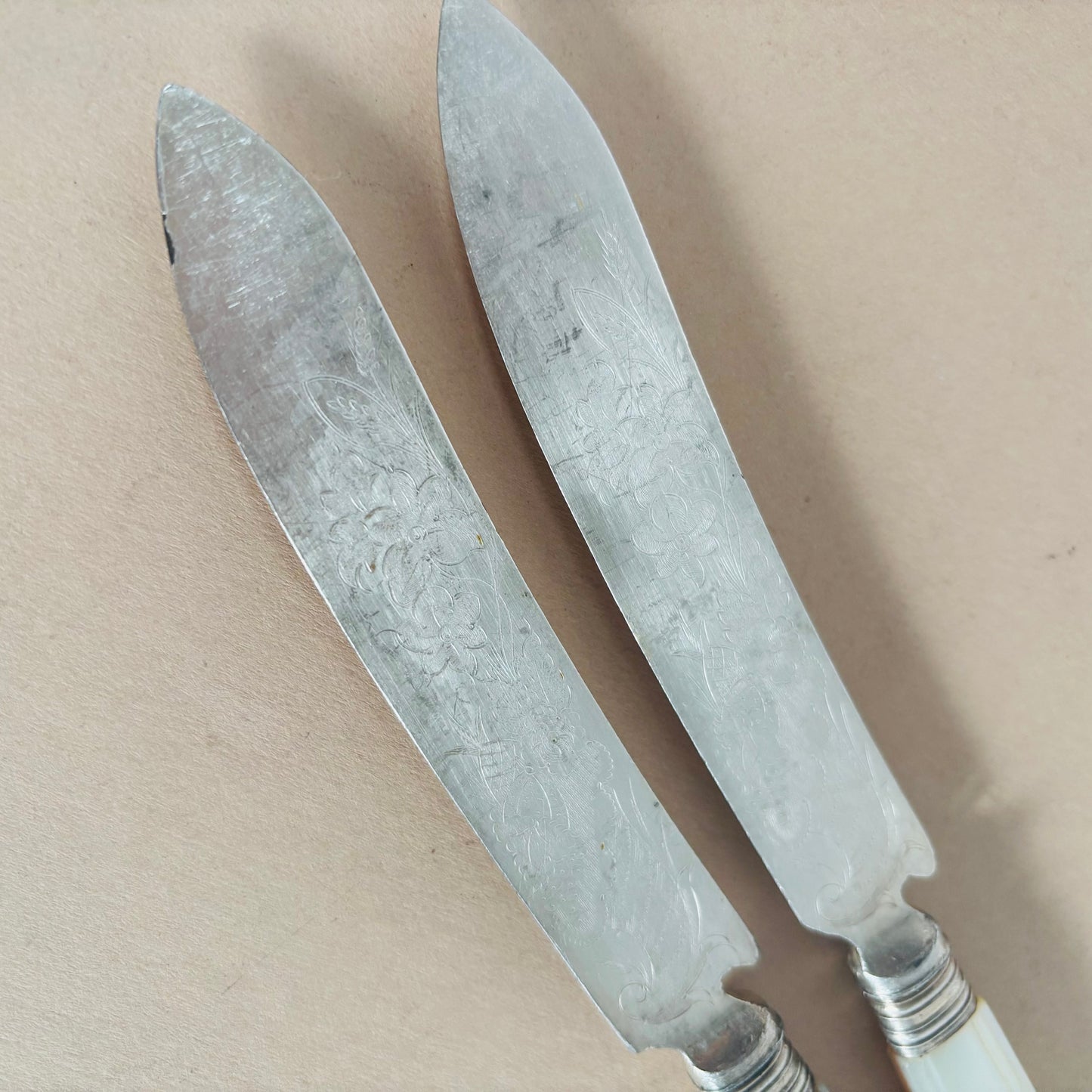 Antique Silver & Mother Of Pearl Knives With Engraved Blades
