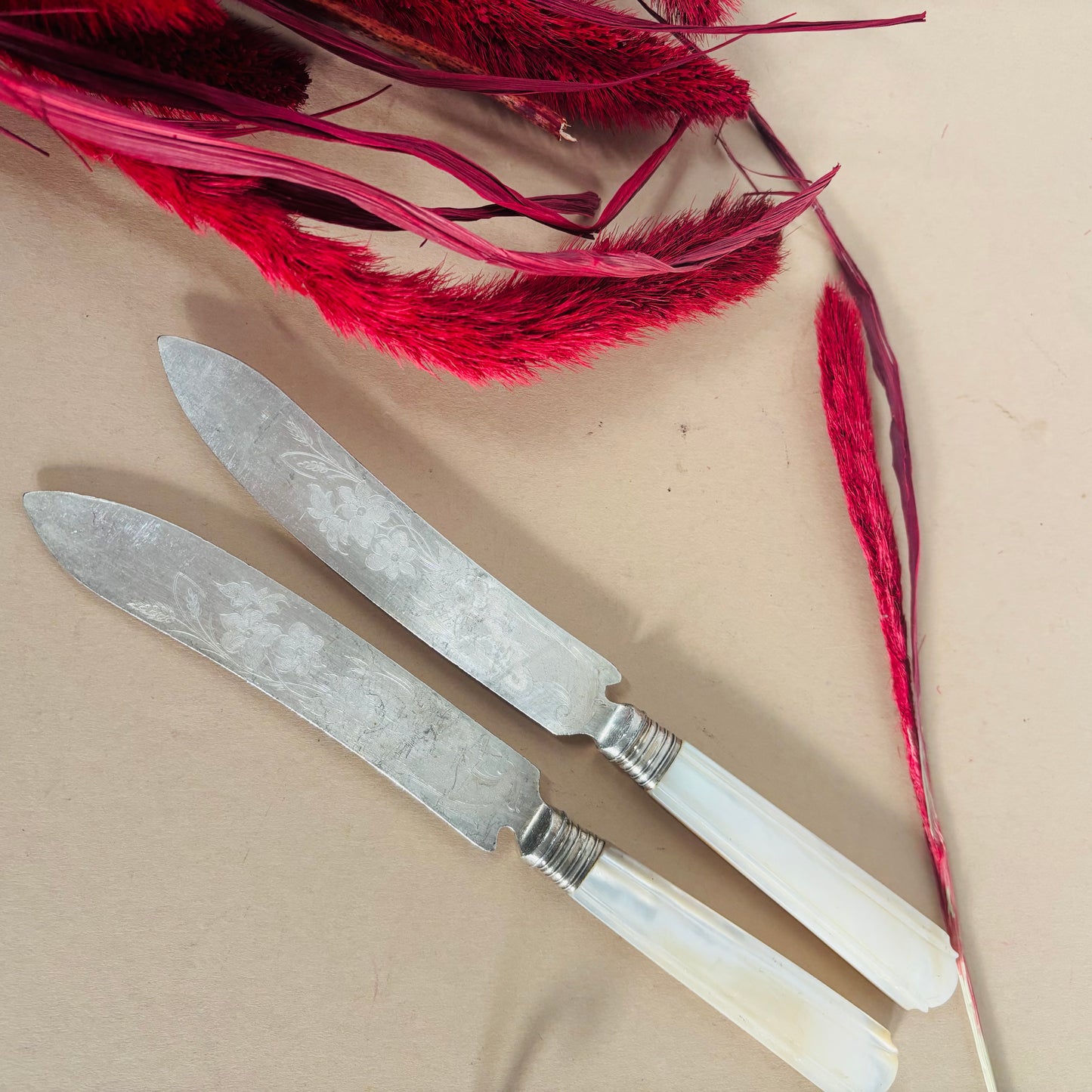 Antique Silver & Mother Of Pearl Knives With Engraved Blades