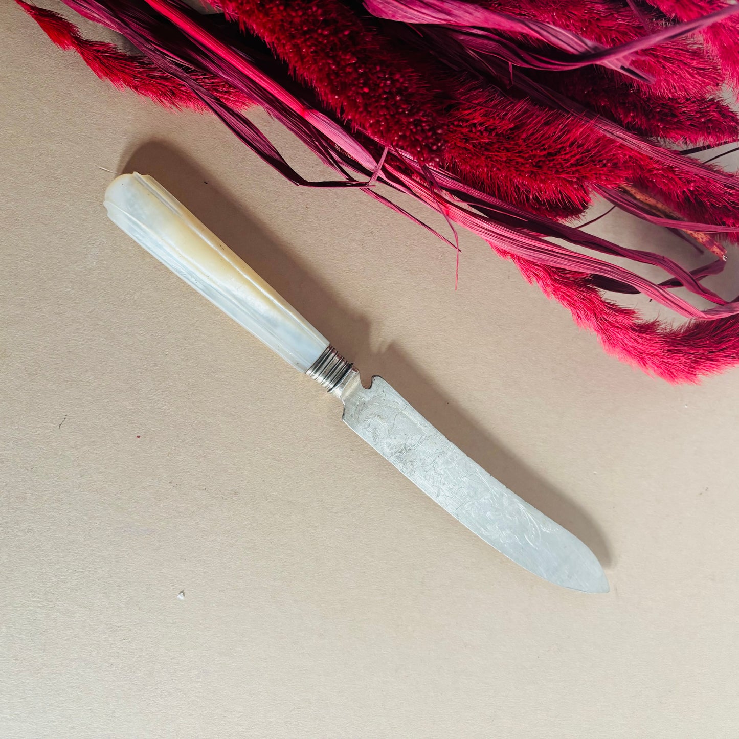 Antique Silver & Mother Of Pearl Knives With Engraved Blades