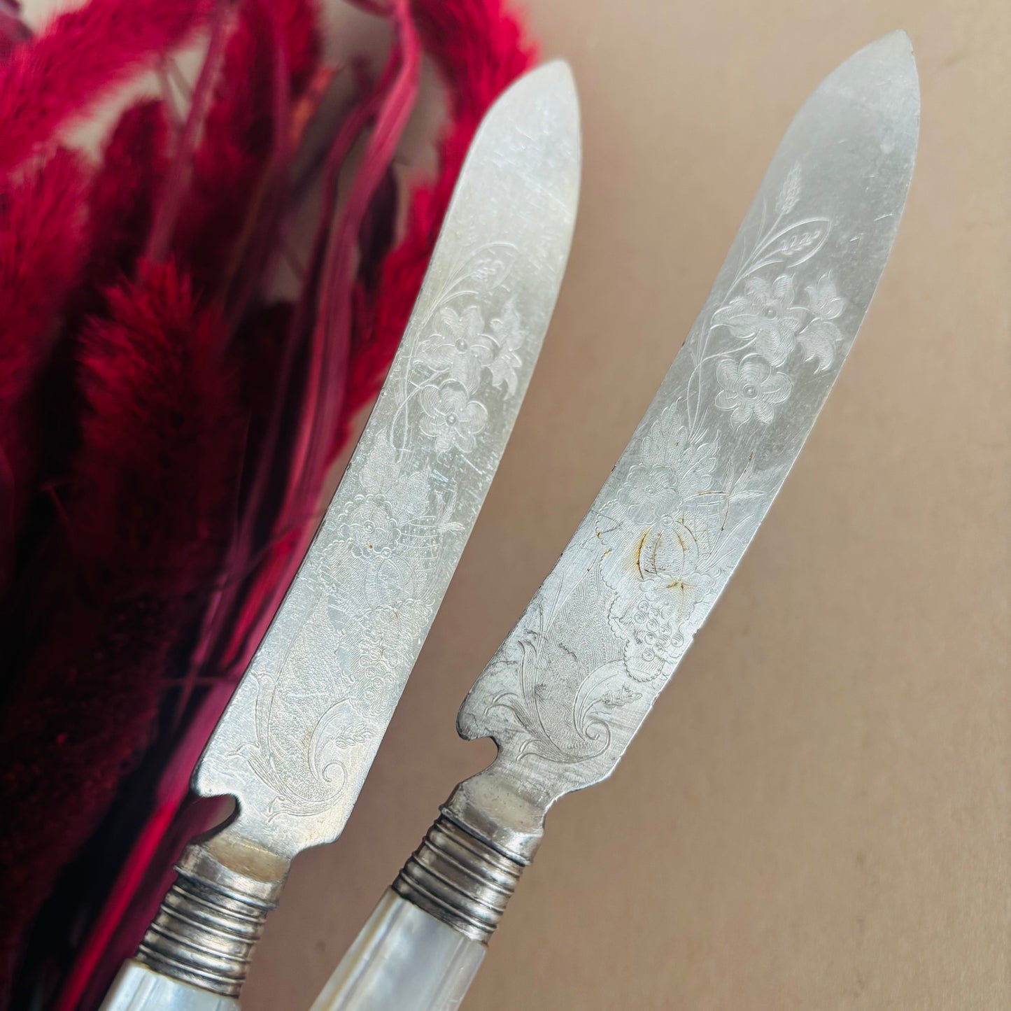 Antique Silver & Mother Of Pearl Knives With Engraved Blades