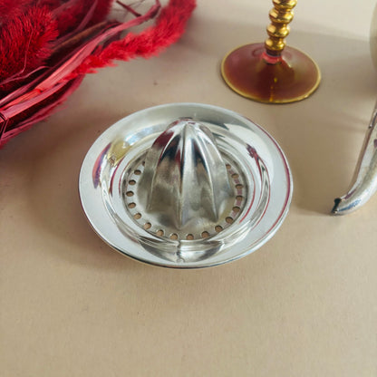 Metallic juicer on a beige surface with decorative items in the background