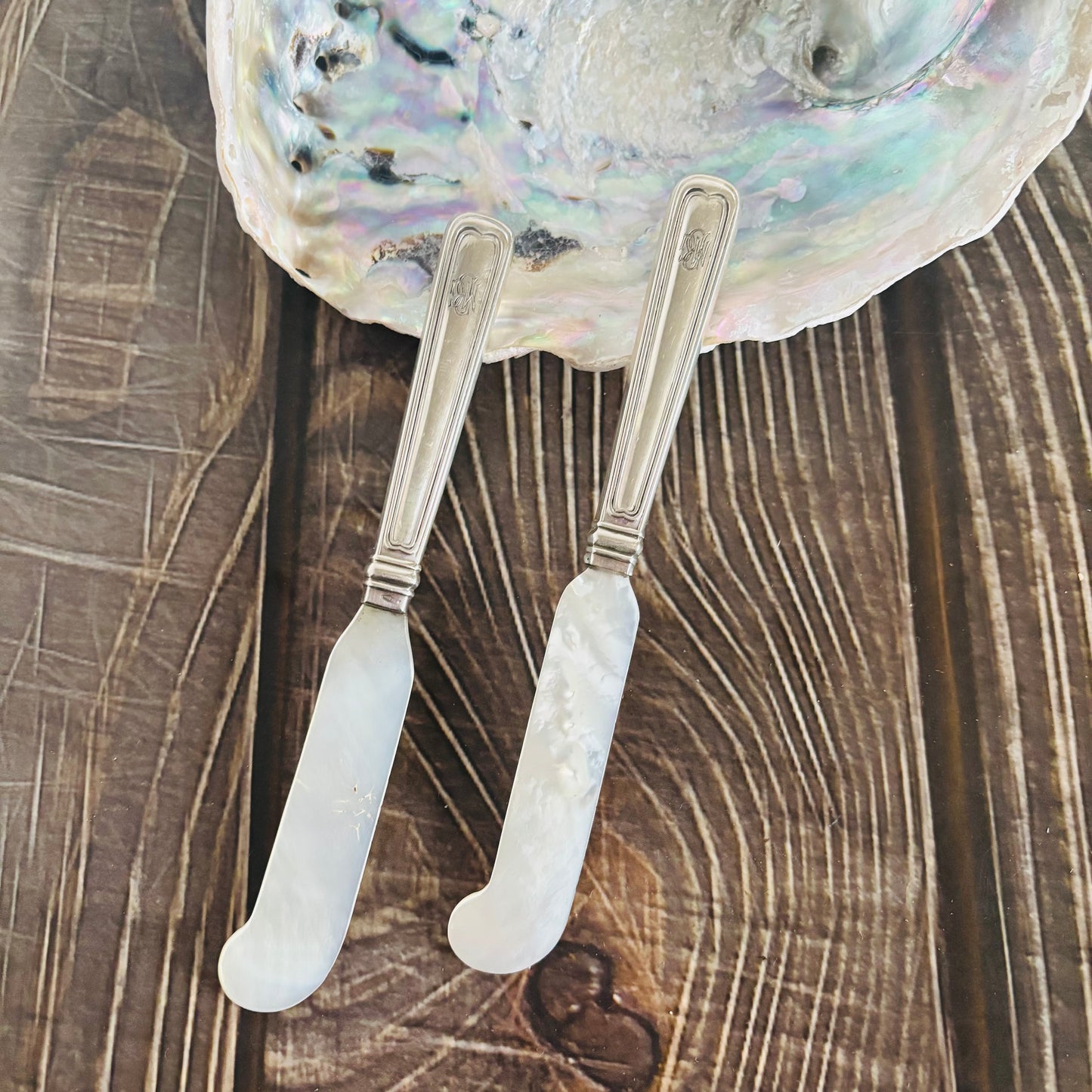 Two silver butter knives with white handles on a wooden surface next to an oyster shell.