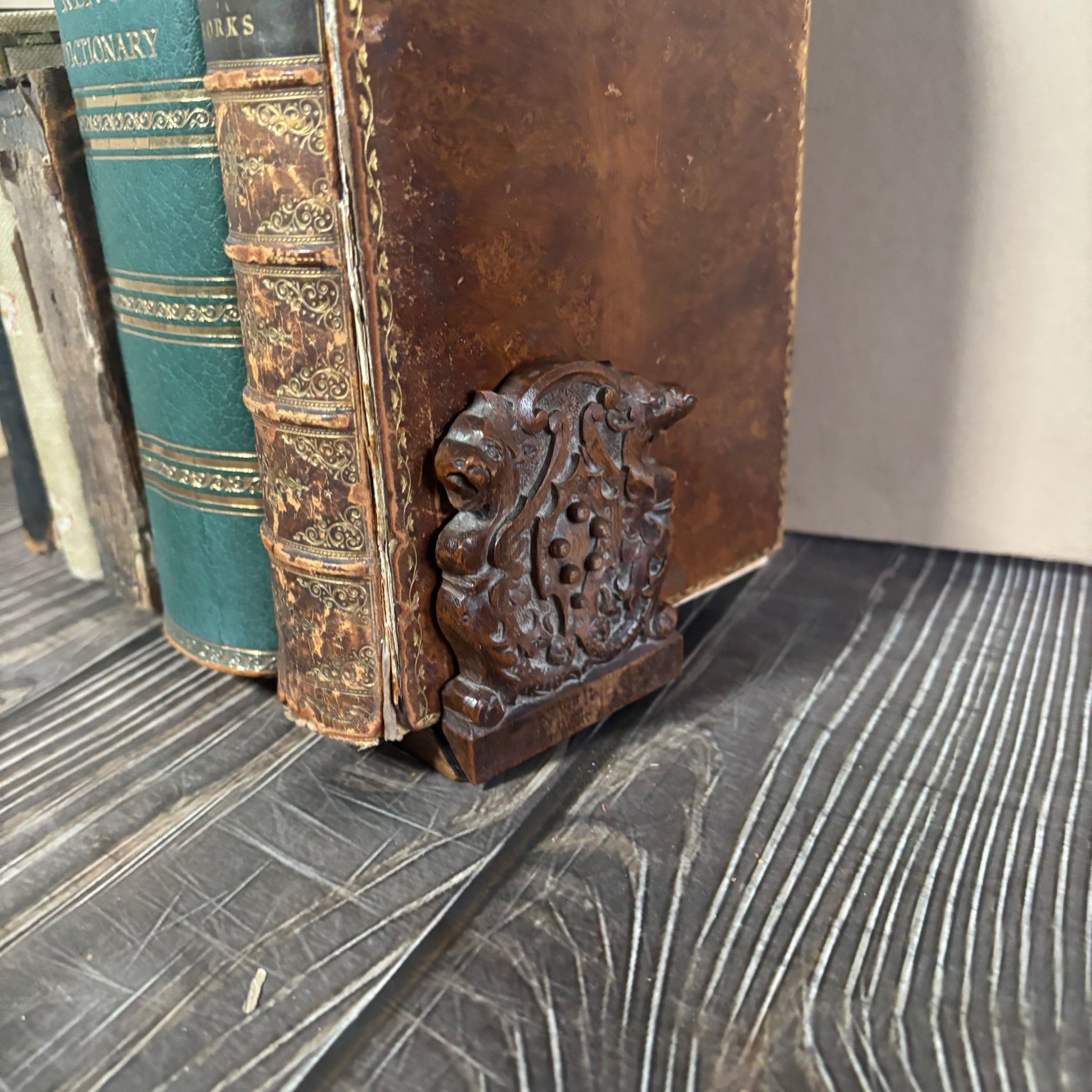 Decorative bookends on a wooden surface with books stacked behind