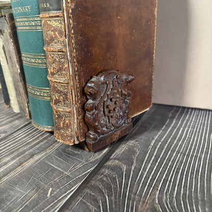 Decorative bookends on a wooden surface with books stacked behind
