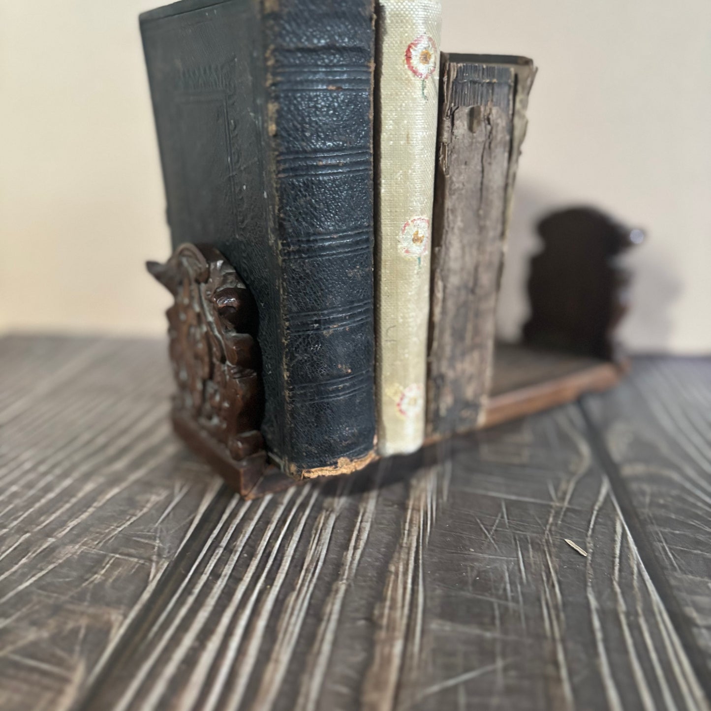 Antique Italian Miniature Book Slide with antique books. Folding and Expanding Book Holder