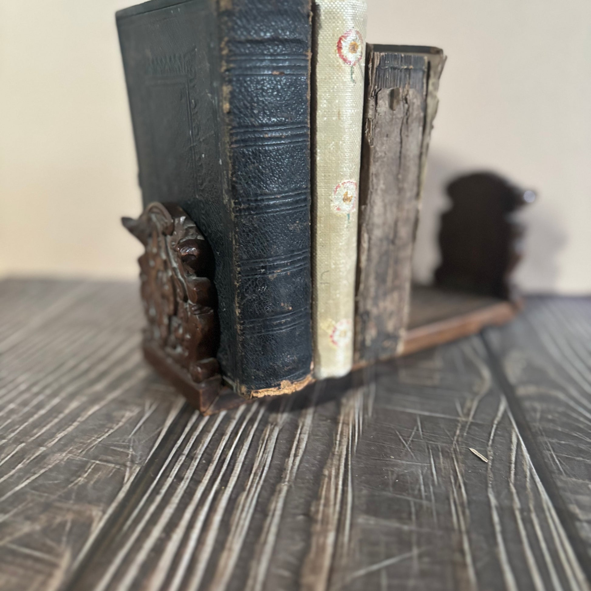 Antique Italian Miniature Book Slide with antique books. Folding and Expanding Book Holder