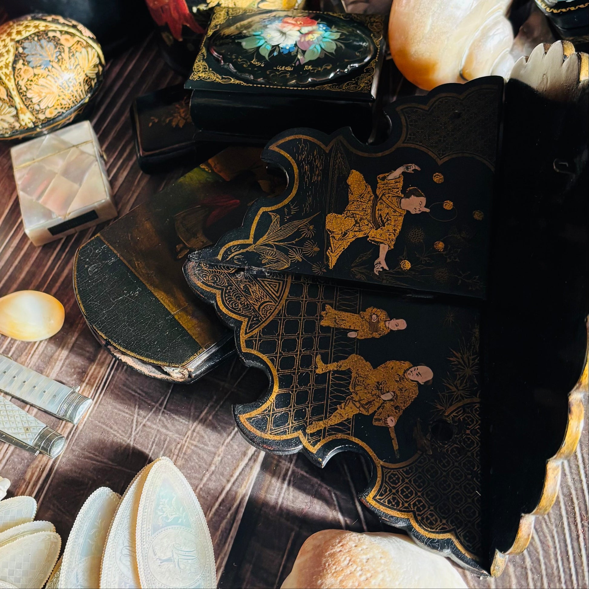 Antique Paper Mache Chinoiserie Lacquer Shelves