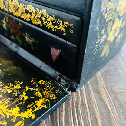 Victorian Paper Mache Lacquer Stationery Box  with hand painted floral patterns on a wooden surface
