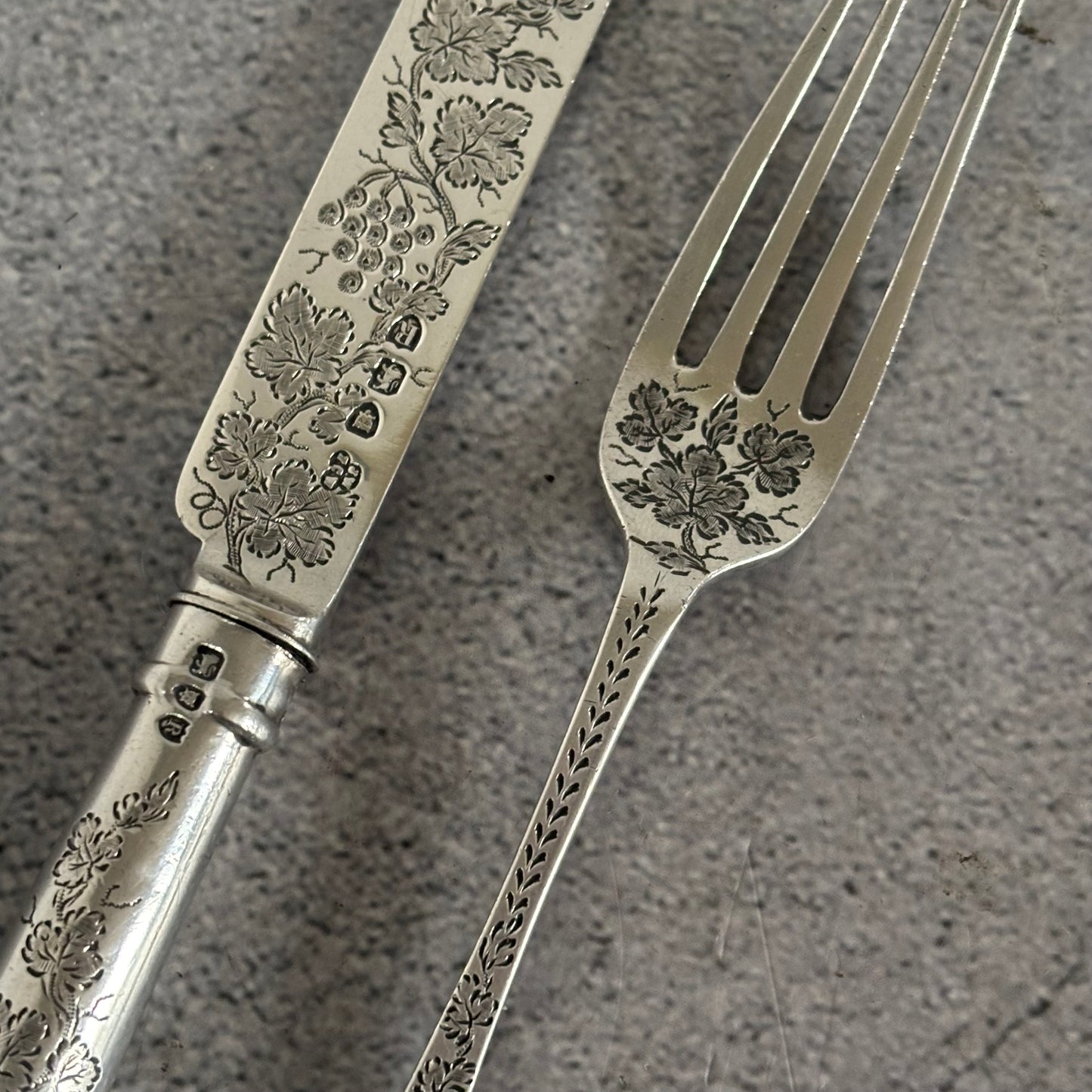 Antique Silver Fully Engraved Knife and Fork Duo | 1892 London