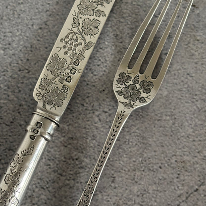 Antique Silver Fully Engraved Knife and Fork Duo | 1892 London