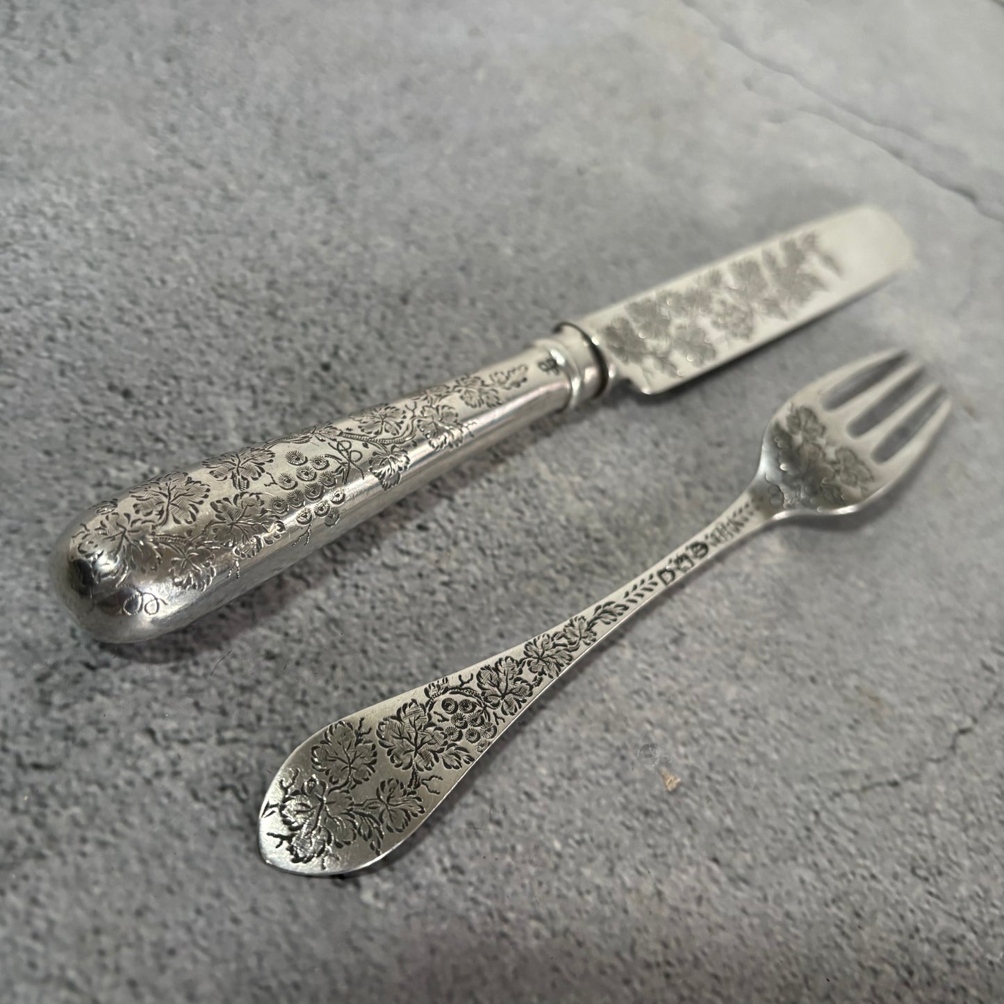 Antique Silver Fully Engraved Knife and Fork Duo | 1892 London