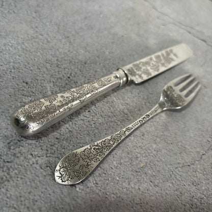 Antique Silver Fully Engraved Knife and Fork Duo | 1892 London