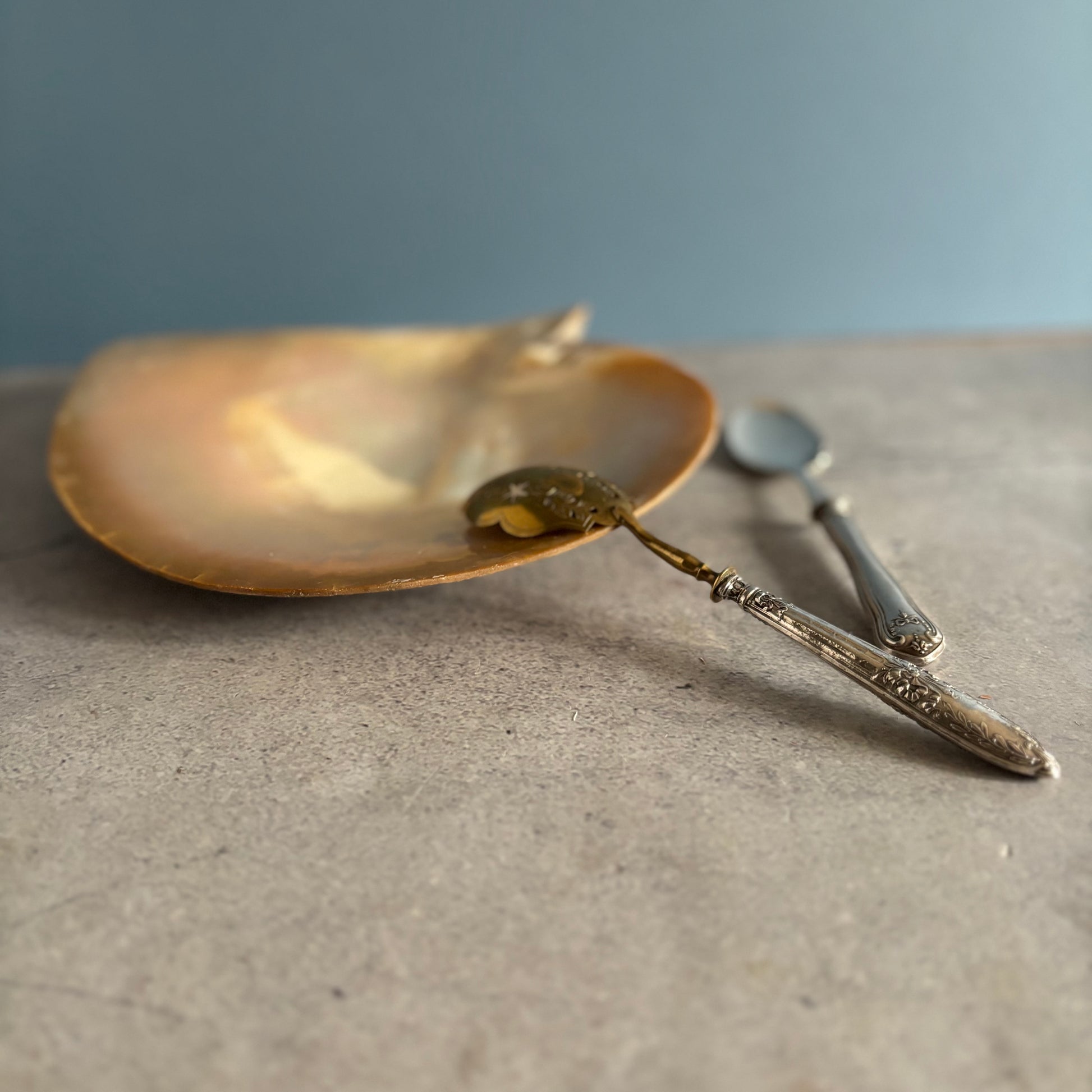 Silver spoons and Antique Mother Of Pearl Natural Shell Dish on a textured surface with a blue background