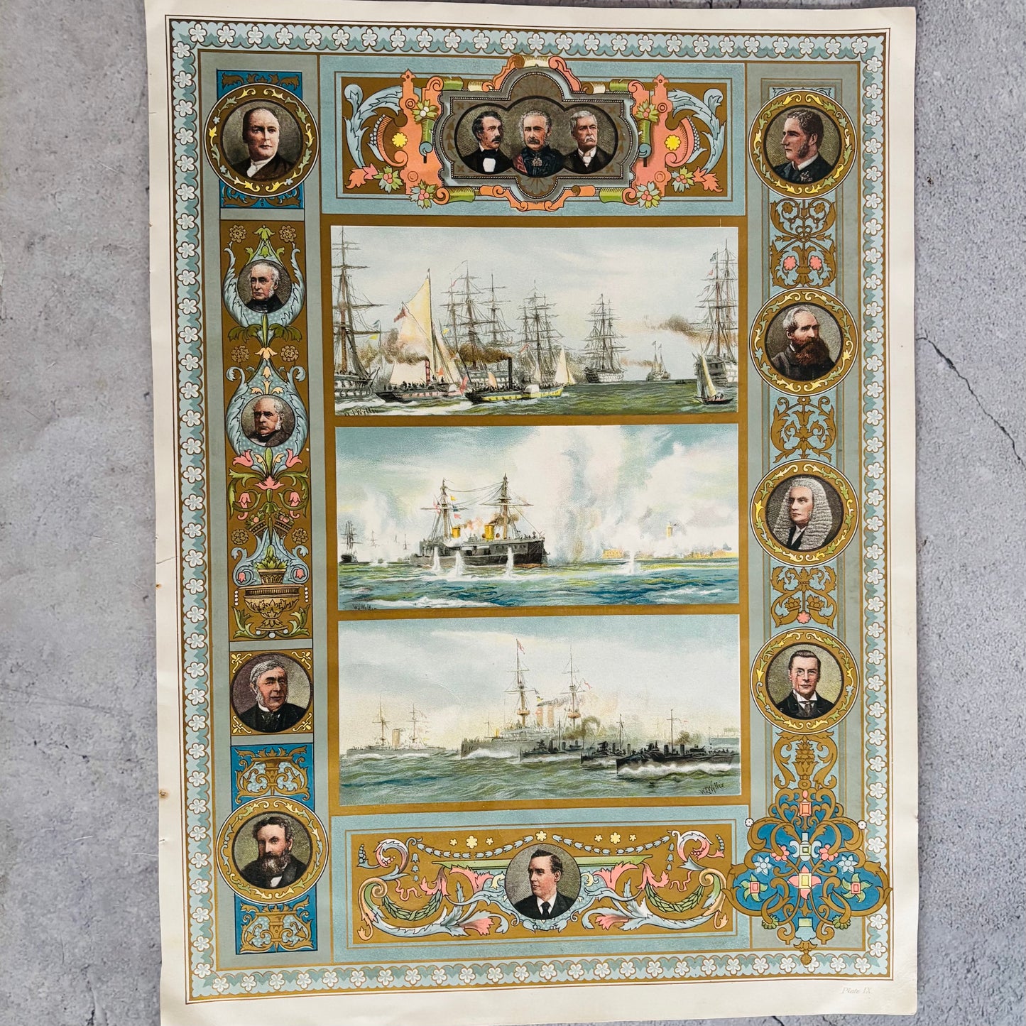 Hand Printed Original Chromolithograph of Navy Ships