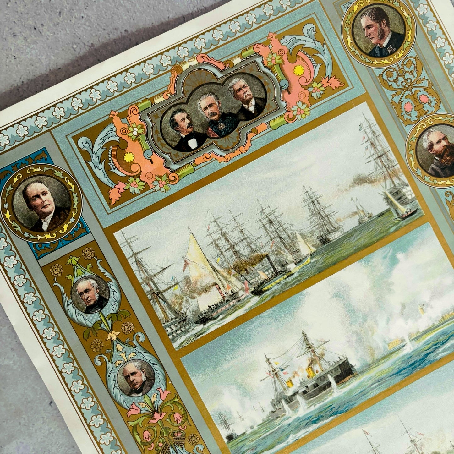 Hand Printed Original Chromolithograph of Navy Ships