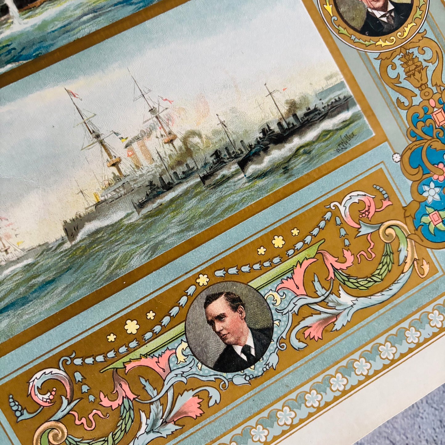 Hand Printed Original Chromolithograph of Navy Ships