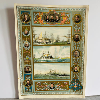 Hand Printed Original Chromolithograph of Navy Ships