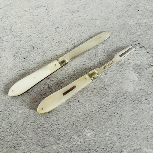 Unusual Antique Silver Folding Two Fruit Fork and Knife Combo| Travel Fork