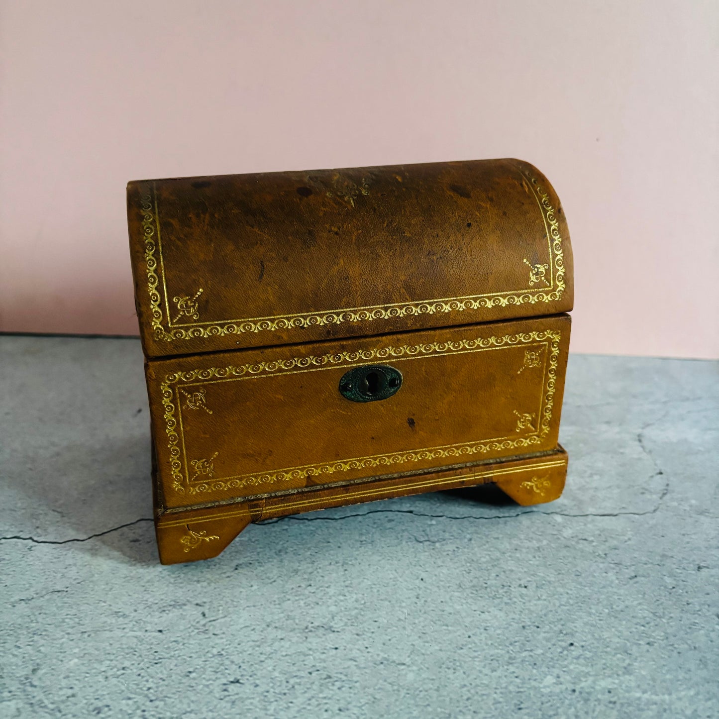 Antique Leather Florentine Box | Tooled Leather Jewellery Box 