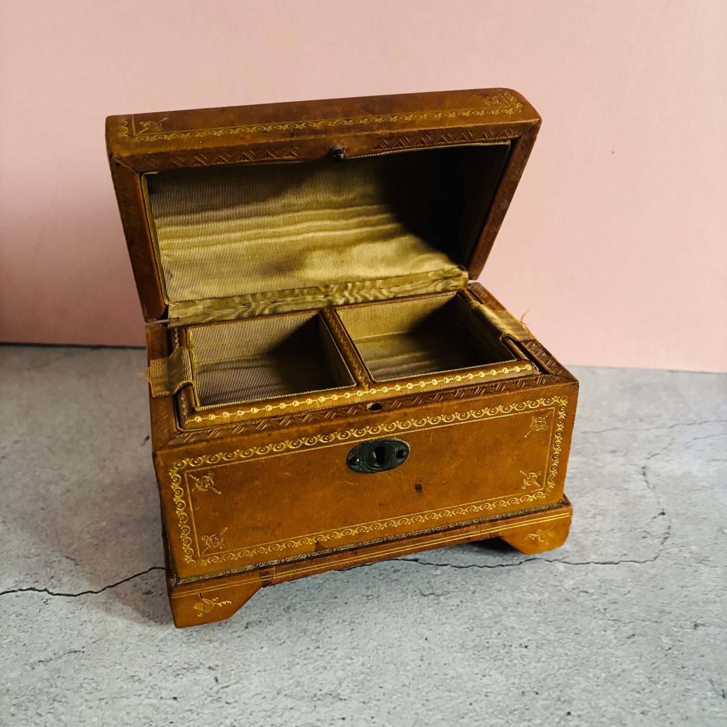 Antique Leather Florentine Box | Tooled Leather Jewellery Box 