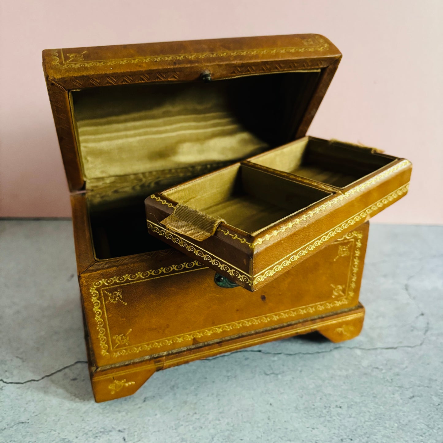 Antique Leather Florentine Box | Tooled Leather Jewellery Box 