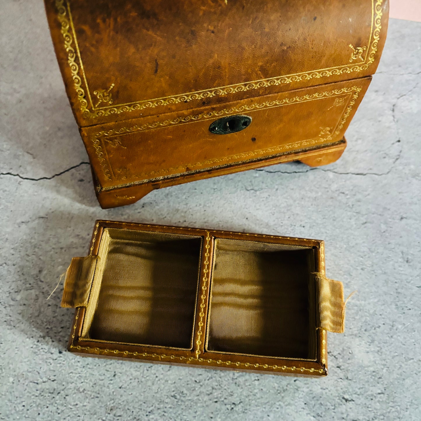 Antique Leather Florentine Box | Tooled Leather Jewellery Box 