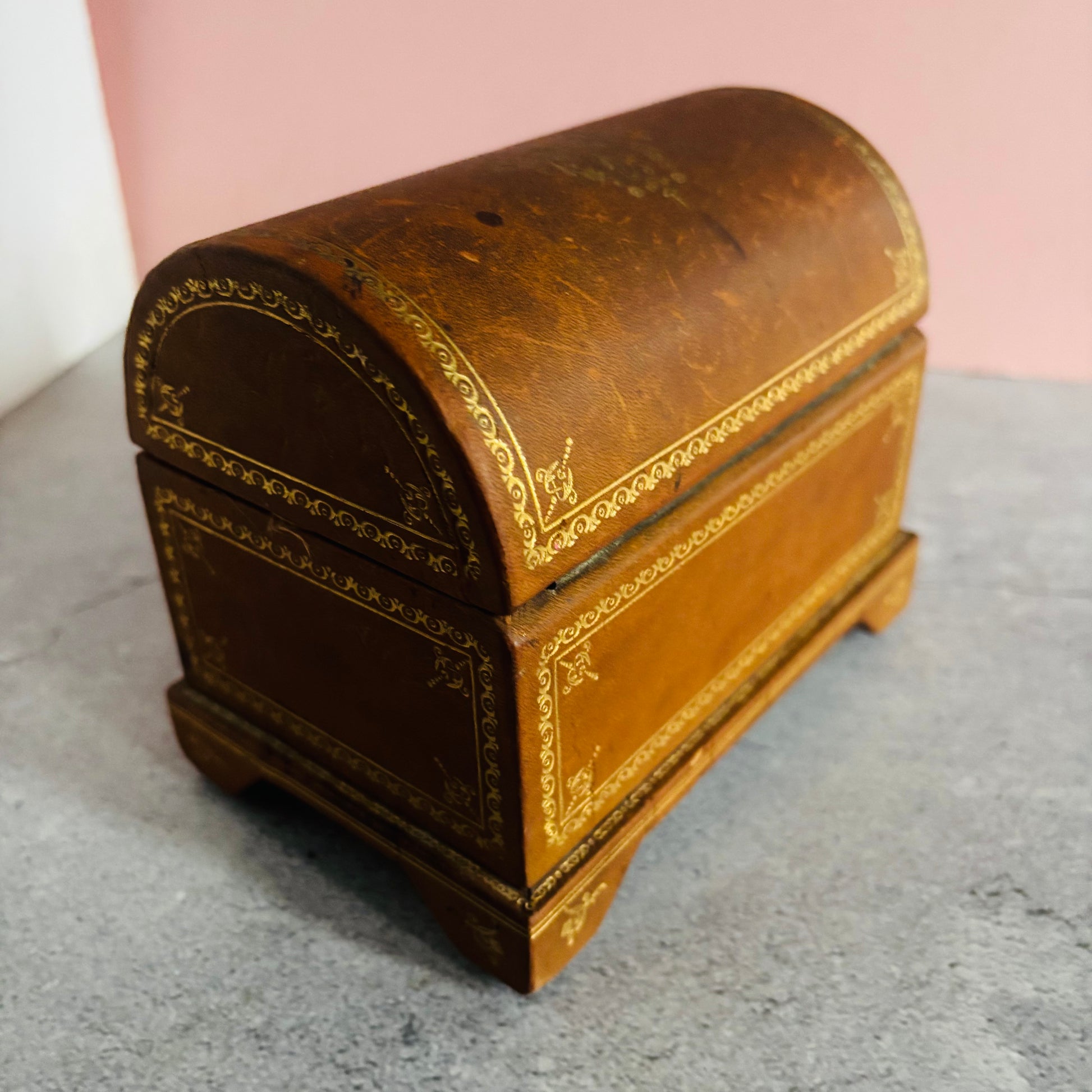 Antique Leather Florentine Box | Tooled Leather Jewellery Box 