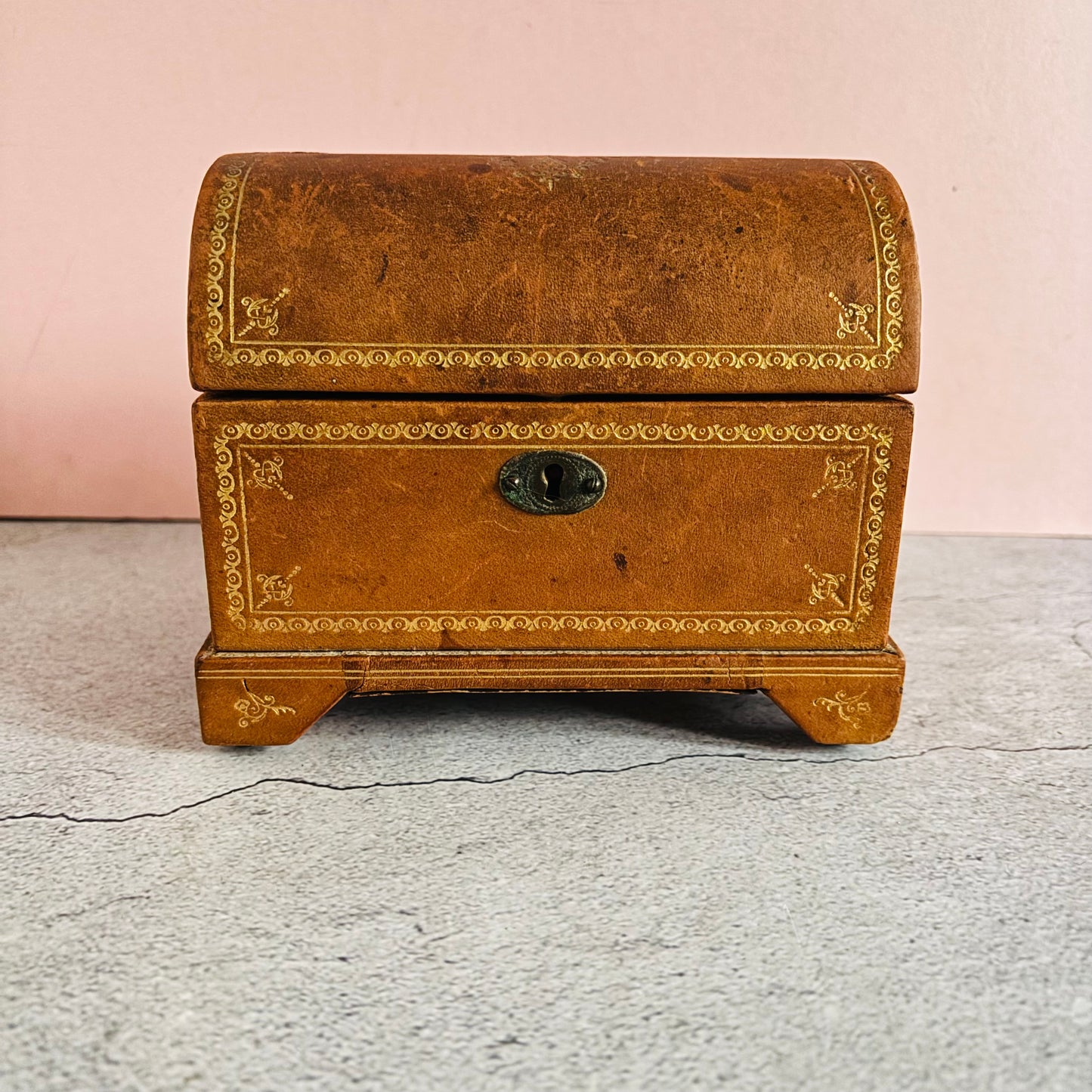 Antique Leather Florentine Box | Tooled Leather Jewellery Box 