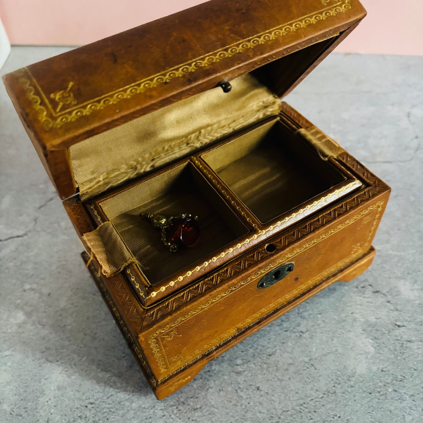 Antique Leather Florentine Box | Tooled Leather Jewellery Box 