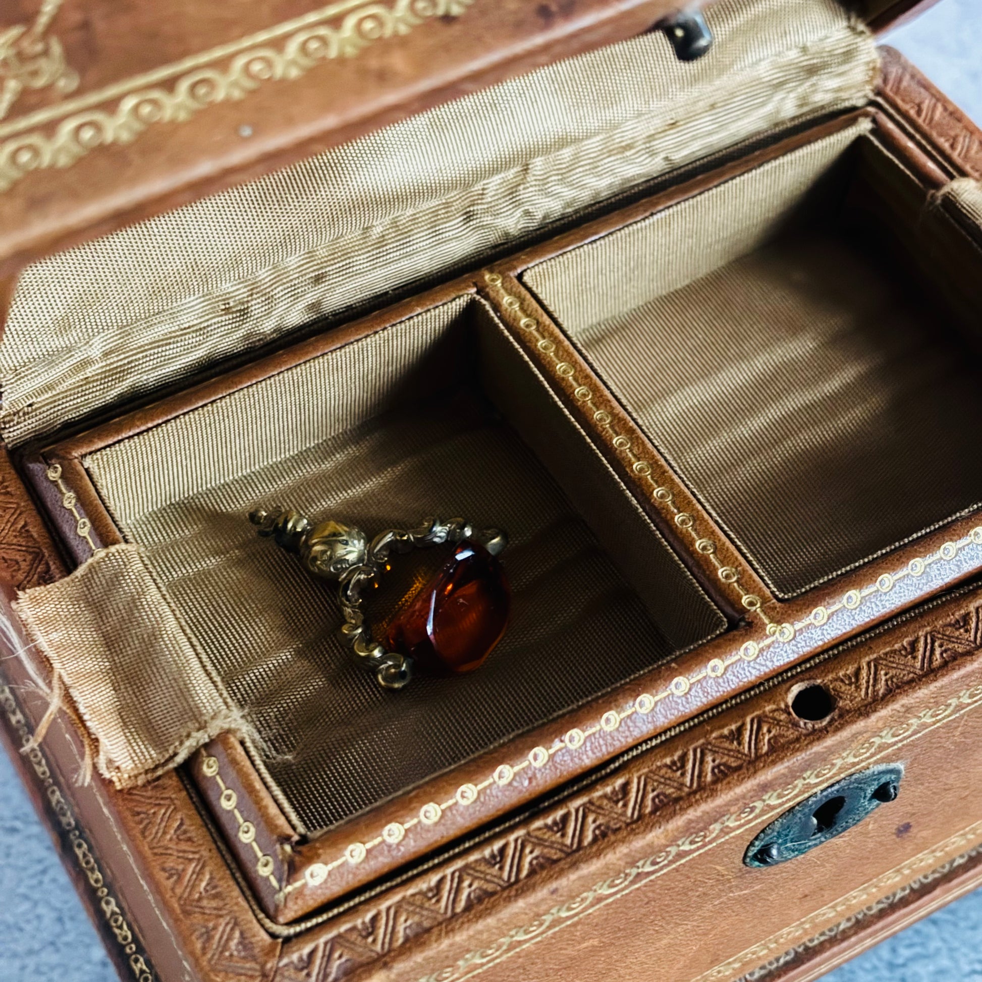 Antique Leather Florentine Box | Tooled Leather Jewellery Box 