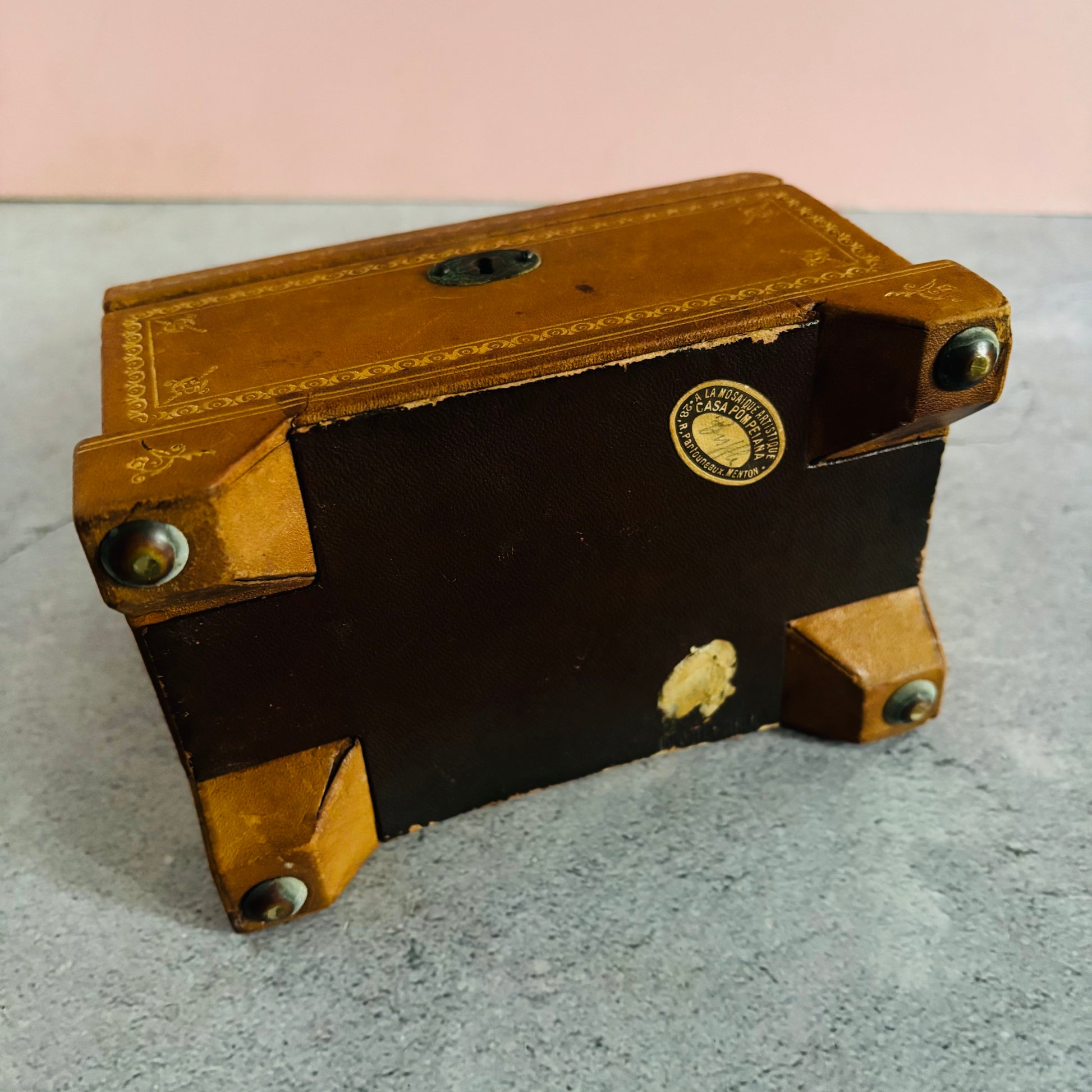 Antique Leather Florentine Box | Tooled Leather Jewellery Box 