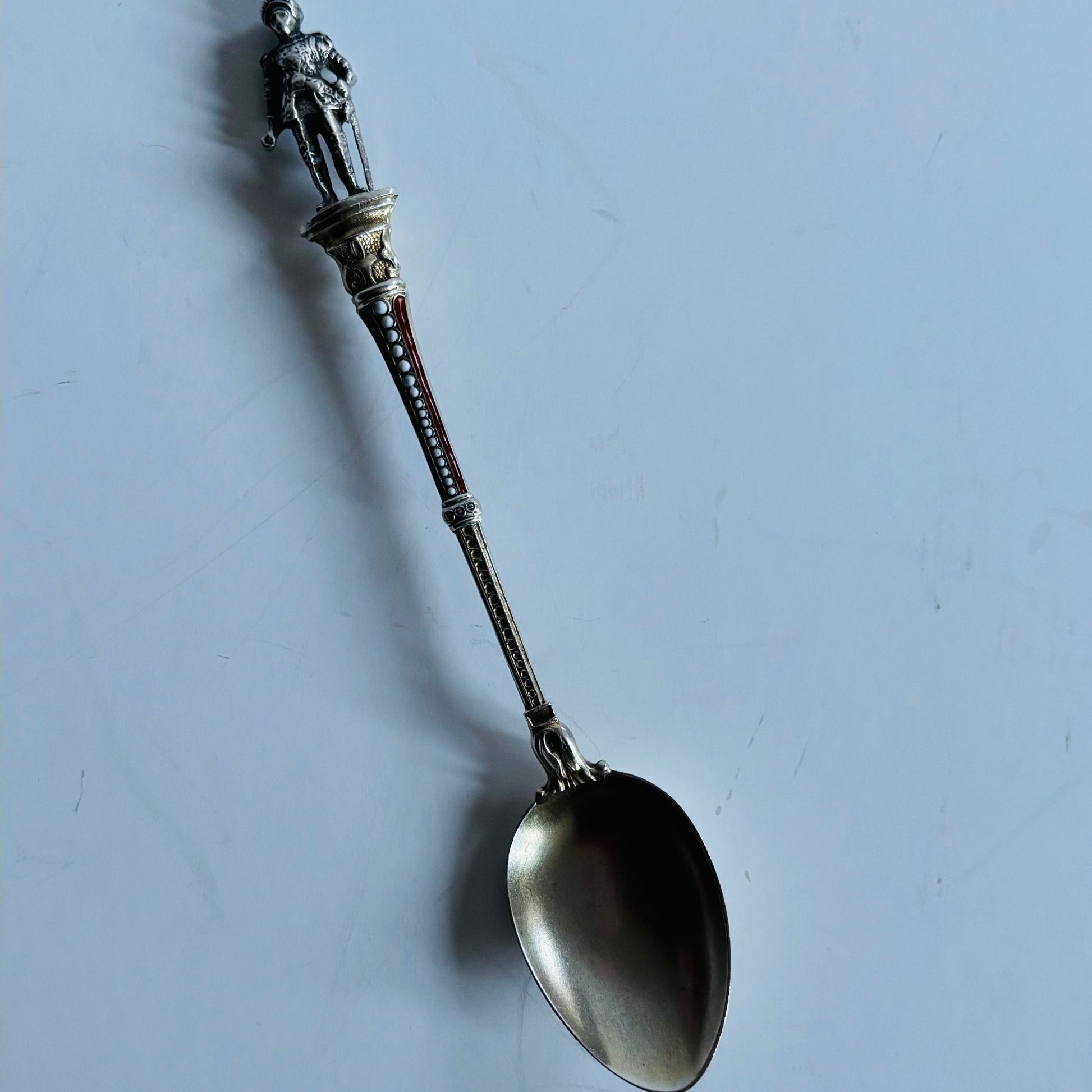 Antique Silver and Enamel Coffee Spoon with Knight in Armour