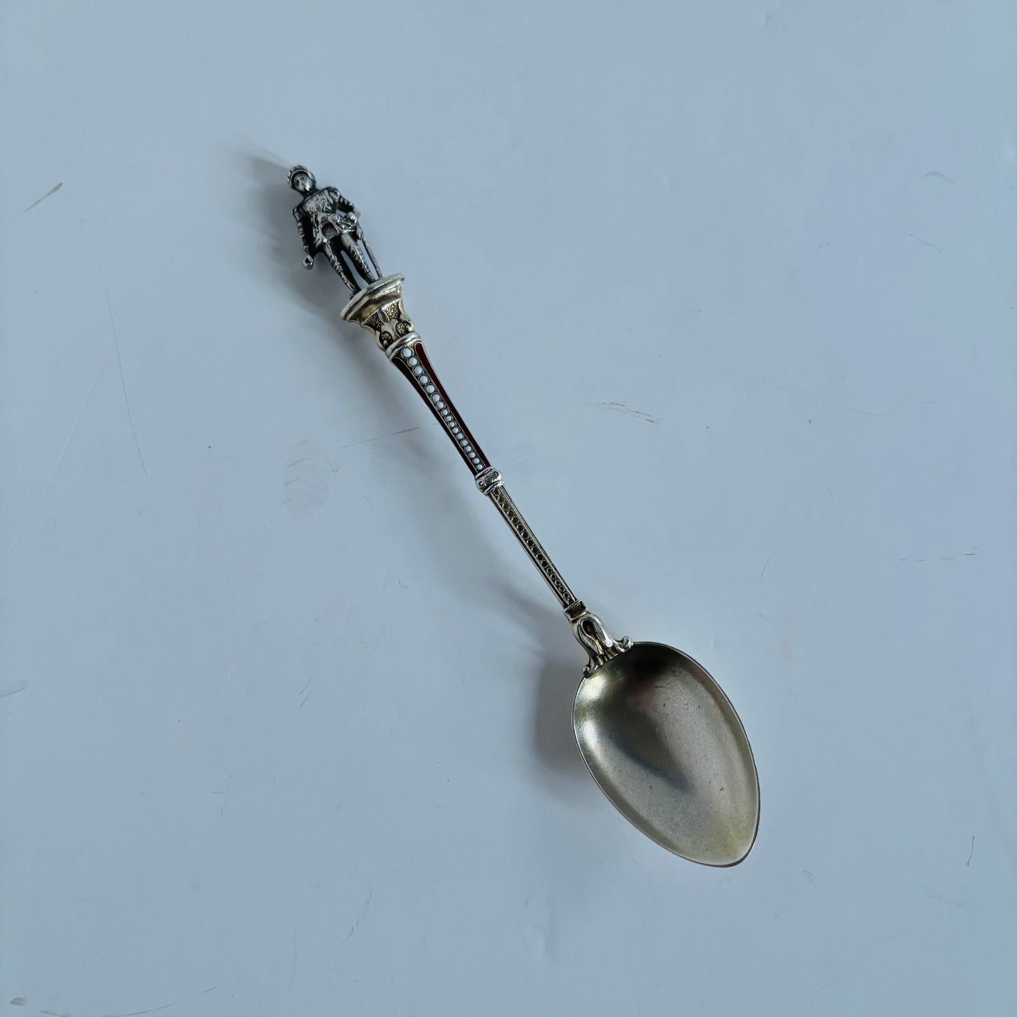 Antique Silver and Enamel Coffee Spoon with Knight in Armour