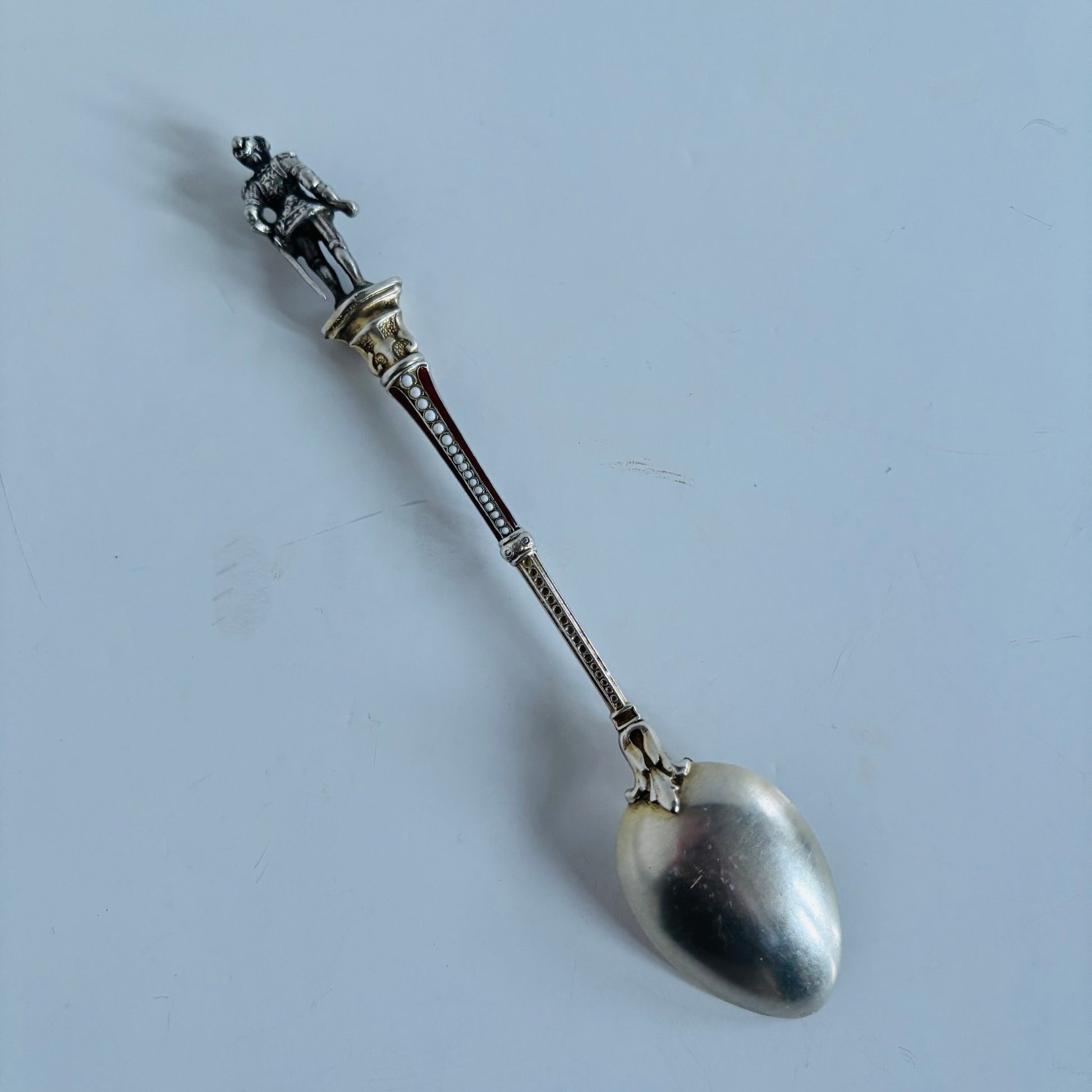 Antique Silver and Enamel Coffee Spoon with Knight in Armour