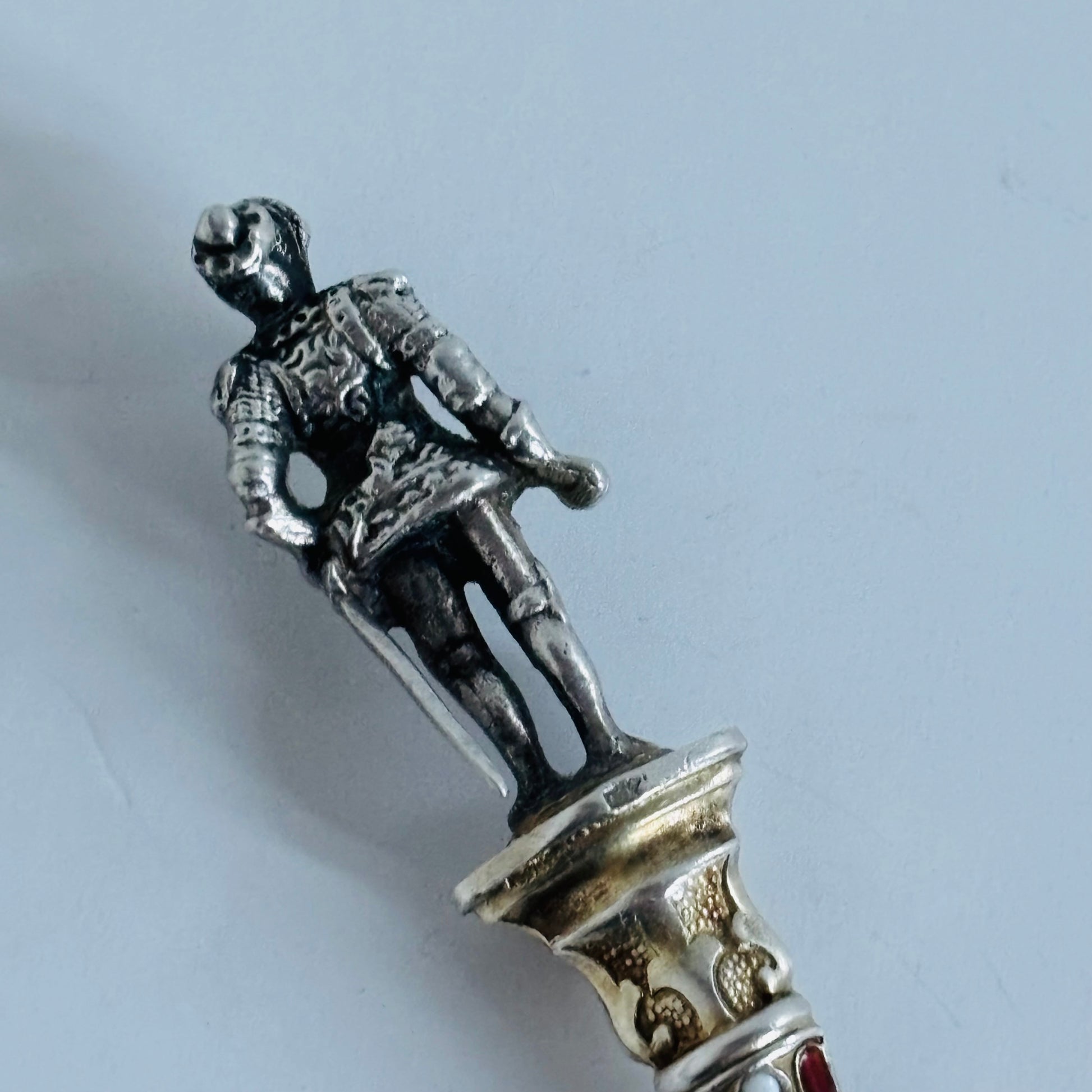 Antique Silver and Enamel Coffee Spoon with Knight in Armour