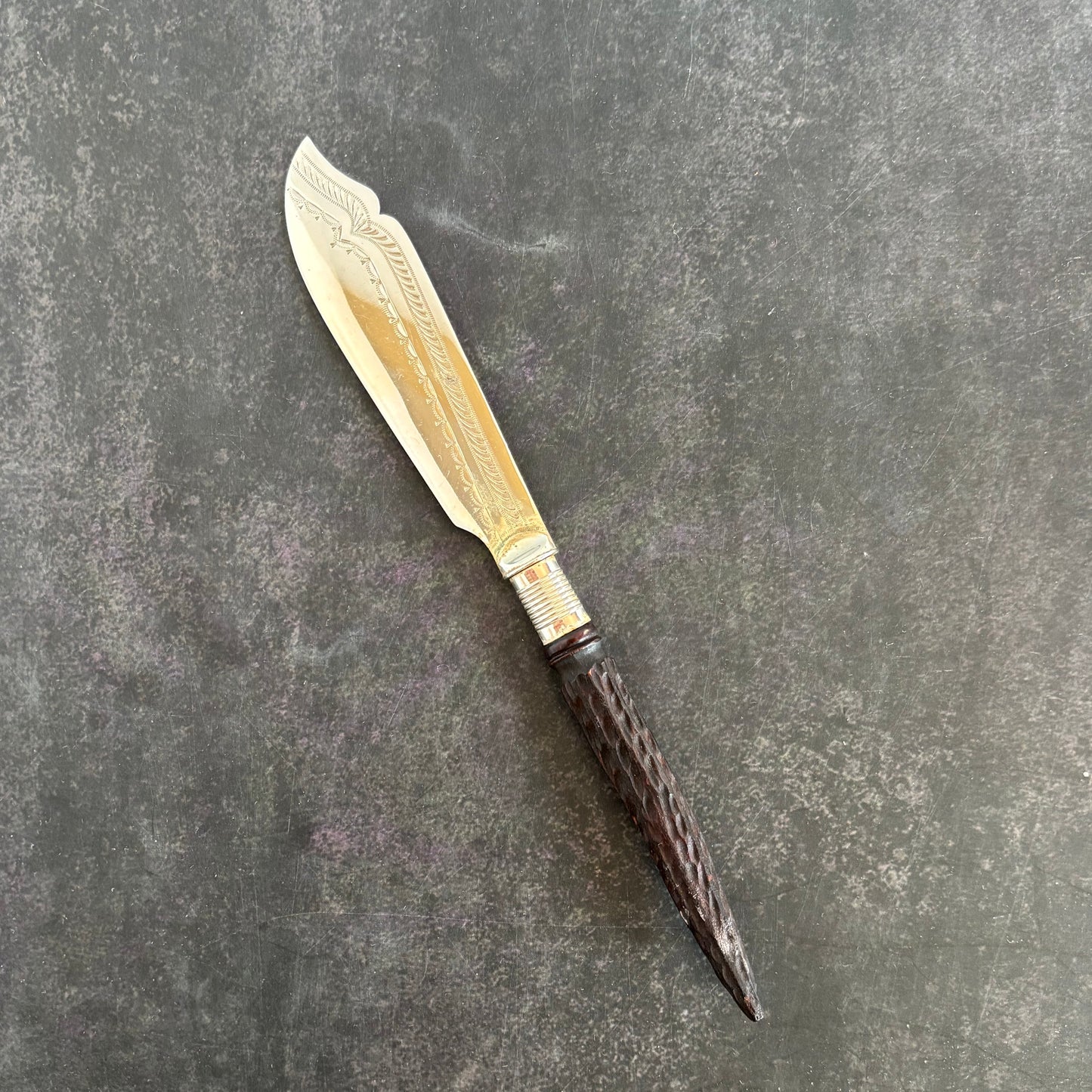 Antique Silver Butter Knife With Engraved Blade and Antler Handle